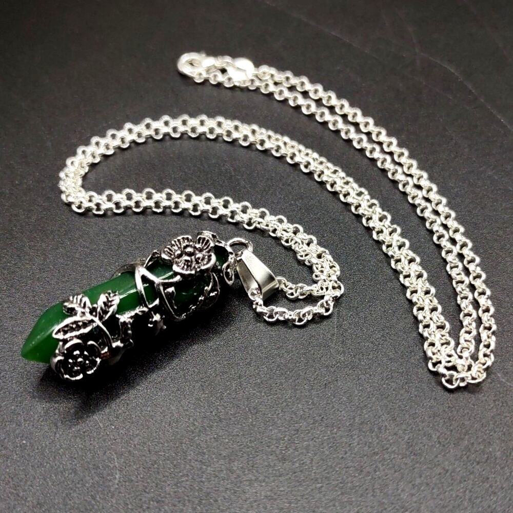 925 Silver Necklace W/ Green Jade Crytsal Boho Floral Vine Women's Fashion Gift